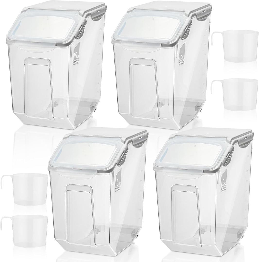 Umigy 4 Pack Rice Storage Container With Wheels Plastic Airtight Lid Flour Container Bin for Dog Pet Cereal Grain Dry Food, 15 Liter / 30 lbs (White)