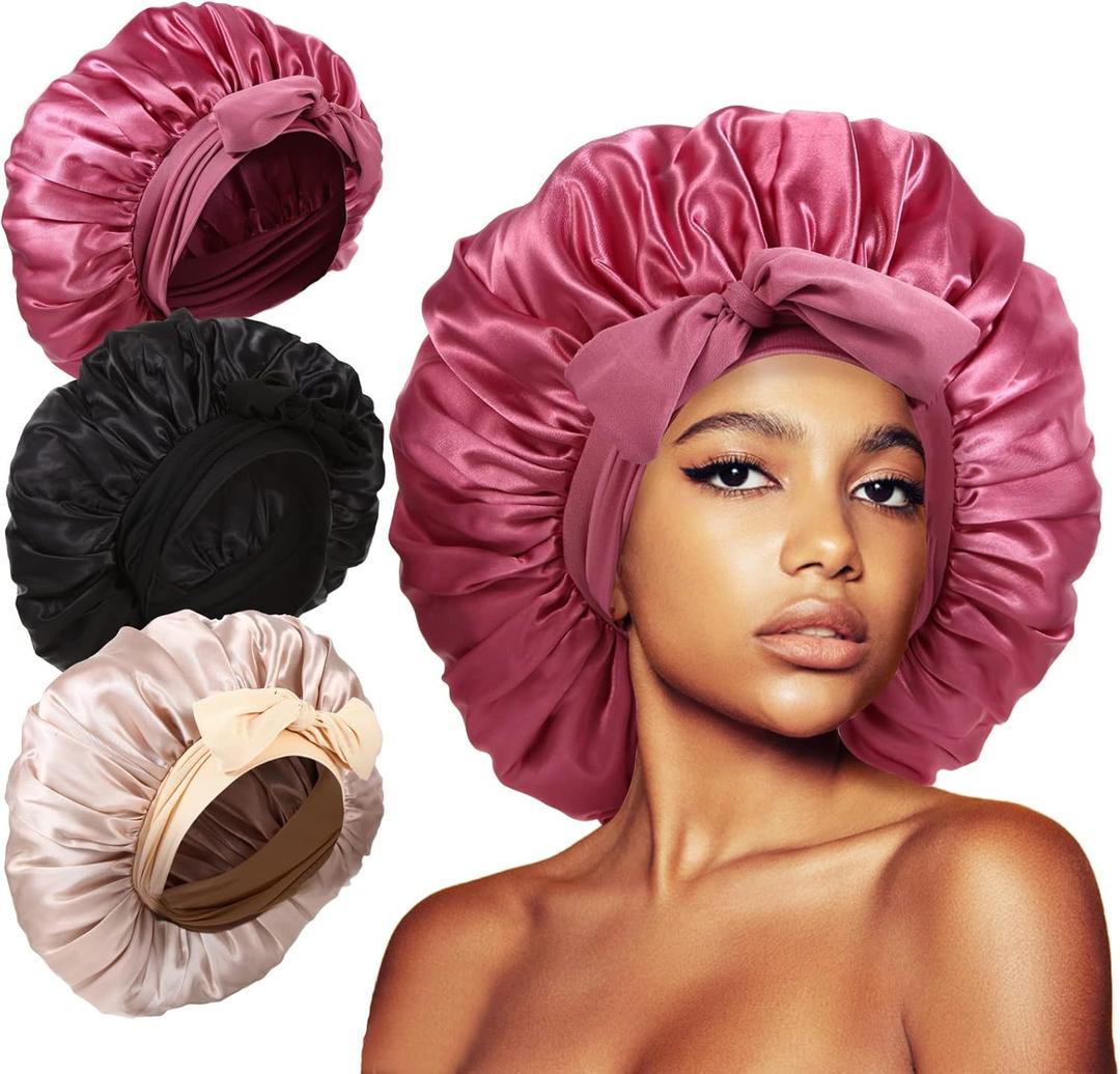 3Pcs Bonnets for Sleeping, Extra Satin Silk Bonnet for Sleeping Women with Tie Band for Curly Hair Jumbo Bonnet Braids (A-01-rose pink, black, champagne)