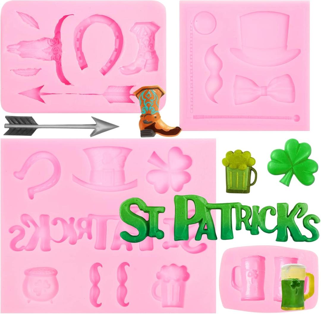 2 x St Patrick'S Day Silicone Molds 4 Pcs, Shamrocks Chocolate Fondant Mold Bull Head Arrow Beer Mug Horse Shoes Hat Clover Beard Bow Beard for Cake Decoration Cupcake Topper Resin Polymer Clay Crafts