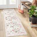 Floral Washable Runner Rug, 2x6 Pink Rug Runners for Hallways Non-Slip, Soft Low Pile Flower Birds Long Bathroom Mat Botanical Throw Carpet for Kitchen Laundry Entryway Porch