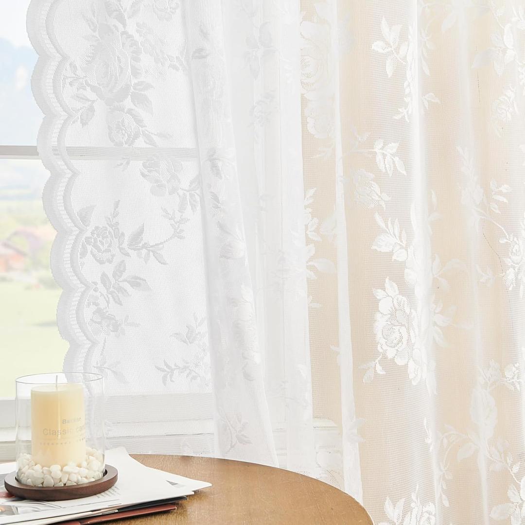 SEEKRIGHT Sheer Lace Curtains 72 Inch Length 2 Panels White Floral Curtains for Living Room Bedroom Rod Pocket Light Filtering Drapes Victorian Flower Window Curtains Decor, 52x72