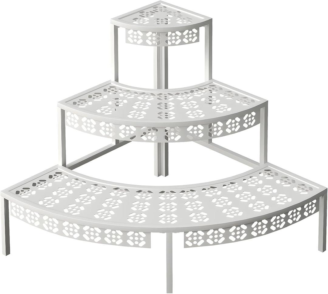 aboxoo 3 Tier Plant Stand Semi-Circular Flower Pot Organizer Rack Quarter Round Plant Display Holder Outdoor Storage Shelves Metal Corner Shelf Planter Shelving Ladder Plant Stand for Indoor