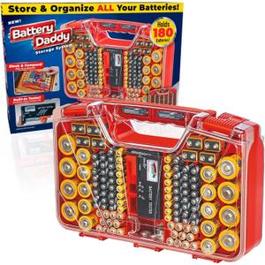 Ontel Battery Daddy Storage & Organizer Case w/Tester, Stores & Protects Up to 180 Batteries, Double-Sided, Clear Locking Lid, Secure Latches & Portable Carrying Handle - Red (Batteries Not Included)