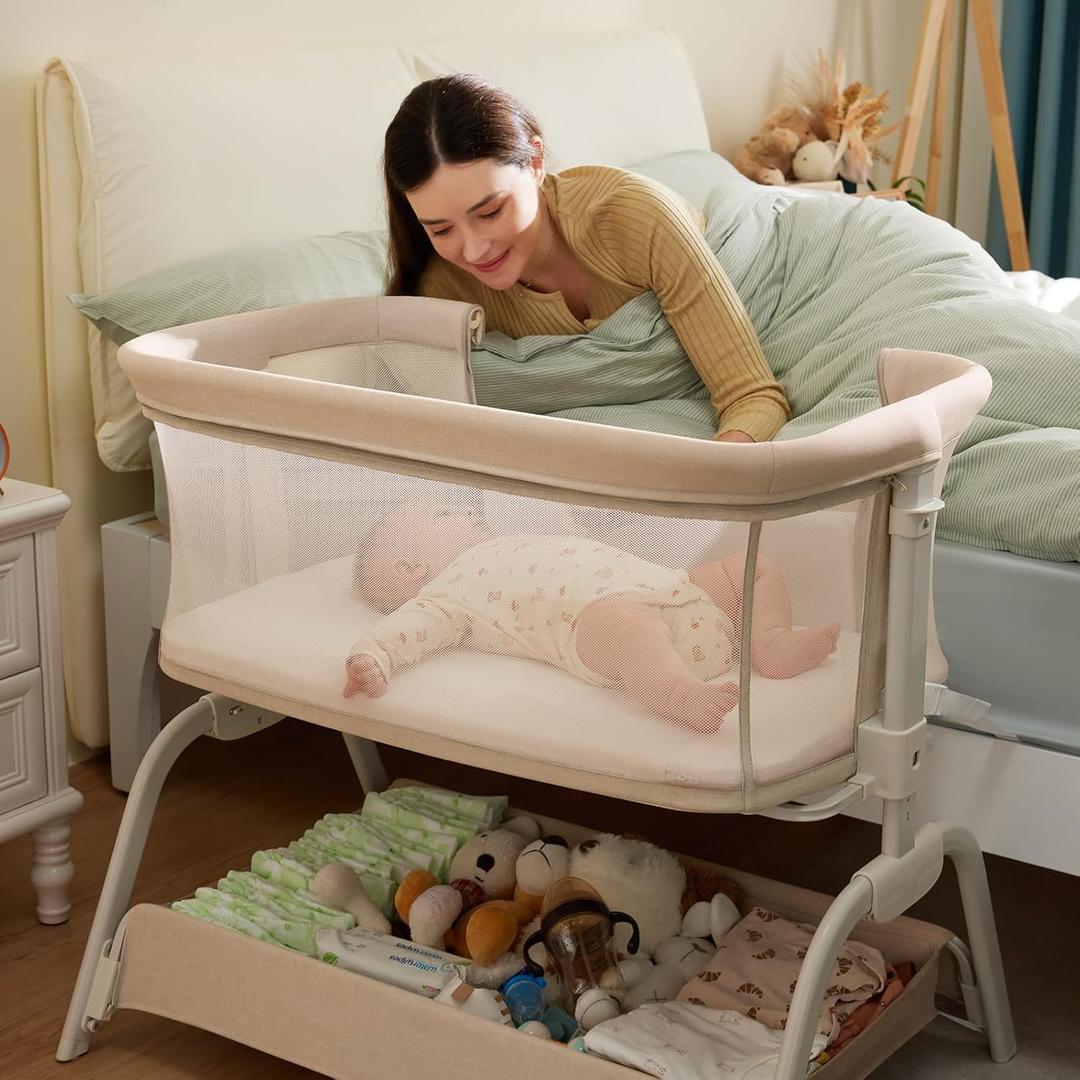 HARPPA Cuddly Lite Bassinet, 2 in 1 Baby Bassinet with Breathable Mesh and Mattress, 6 Height Adjustable, Bedside Sleeper with Anchor Strap, Storage Basket and Wheels, Beige