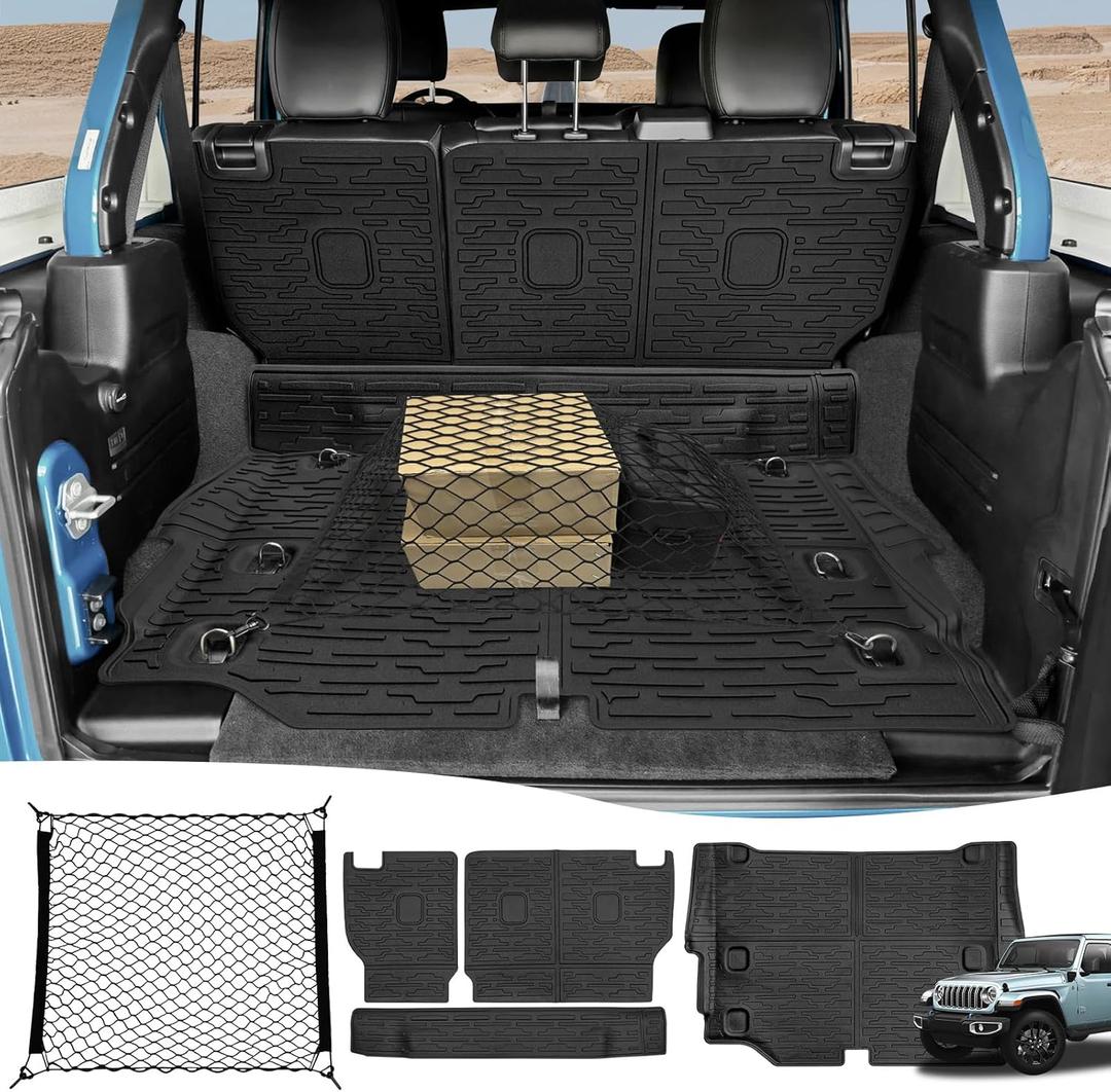 Cargo Mats & Trunk Net for 2021-2024 Jeep Wrangler JL 4XE Trunk Mat Backrest Liner with Cargo Net All Weather Anti-Slip Rear Back Seat Mats Cargo Net for Wrangler JL 4XE 4 Door Accessories