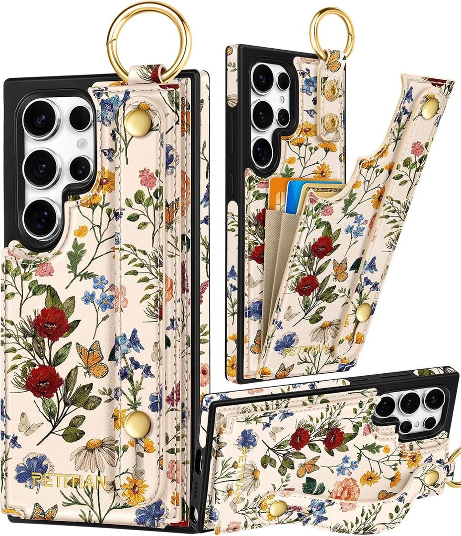 Petitian for Samsung Galaxy S25 Ultra Case with Wallet - Women Girls Cute Girly Aesthetic Unique Design Leather Credit Card Holder Cardholder Stand Wristband for S25 Ultra, Vin Flower
