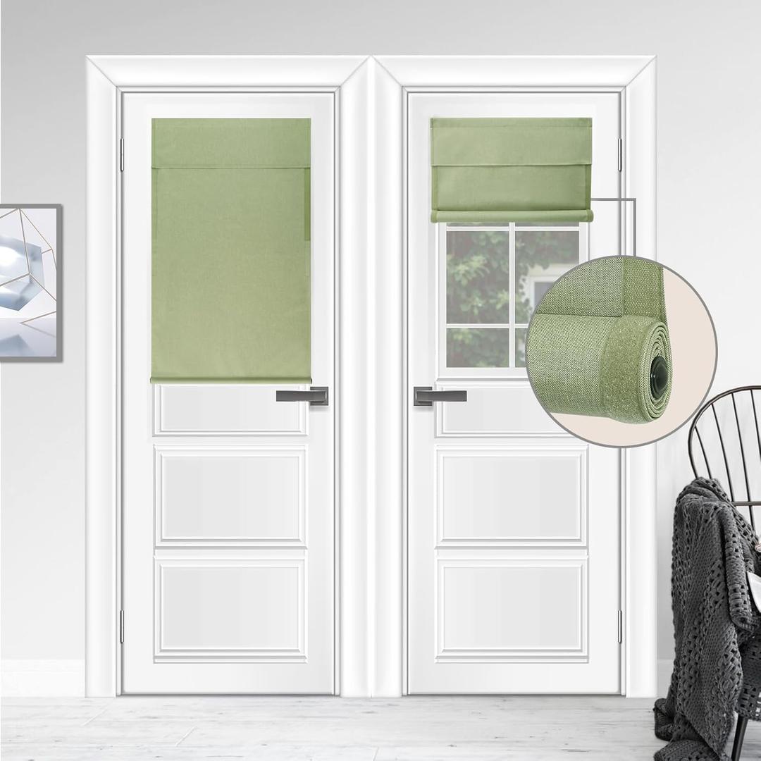 WDFour 100% Blackout French Door Curtains for Windows UV Protection, Noiseless Adjustable Roller Shade, No Drill Required, Fits Office Home Ward(24" Wx38 L,Matcha,Pack of 1)