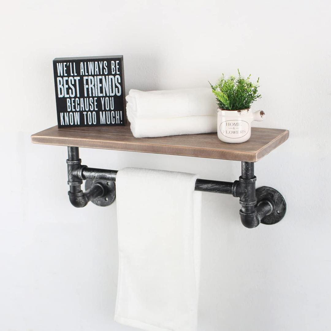Industrial Pipe Shelf Bathroom Shelves Wall Mounted,19.6in Rustic Wood Shelf with Towel Bar,1 Tier Farmhouse Towel Rack Over Toilet,Pipe Shelving Floating Shelves Towel Holder,Retro Grey