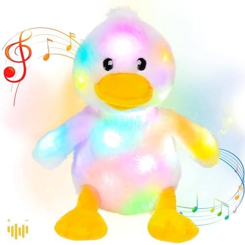 Hopearl LED Musical Stuffed Duck Light up Singing Duckling Plush Toy Adjustable Volume Lullaby Animated Soothe Birthday Gifts for Kids Toddler Girls, White, 11''