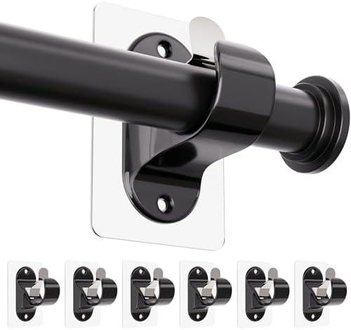 ANDGOO 5 Pack No Drill Curtain Rod Brackets, Renter Friendly Self Adhesive Curtain Rod Holders, Heavy Duty No Drilling Curtain Rod Hooks for Apartment Bedroom Bathroom Dorm Classroom Kitchen (Black)