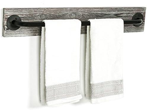 2 Pcs MyGift Realistic Metal Pipe Bathroom Towel Bar with Rustic Torched Solid Wood Wall Mount Industrial Bathroom Fixtures Hanging Towel Rack