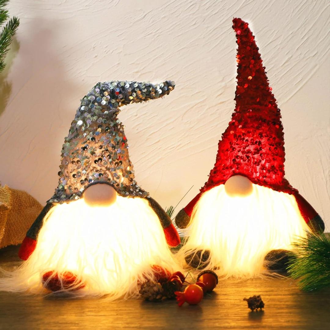 Juegoal 12" Lighted Christmas Gnome, Handmade Sequins Hat Scandinavian Swedish Tomte, Light Up Elf Toy Holiday Present, Battery Operated Winter Tabletop Christmas Decorations, 2 Set