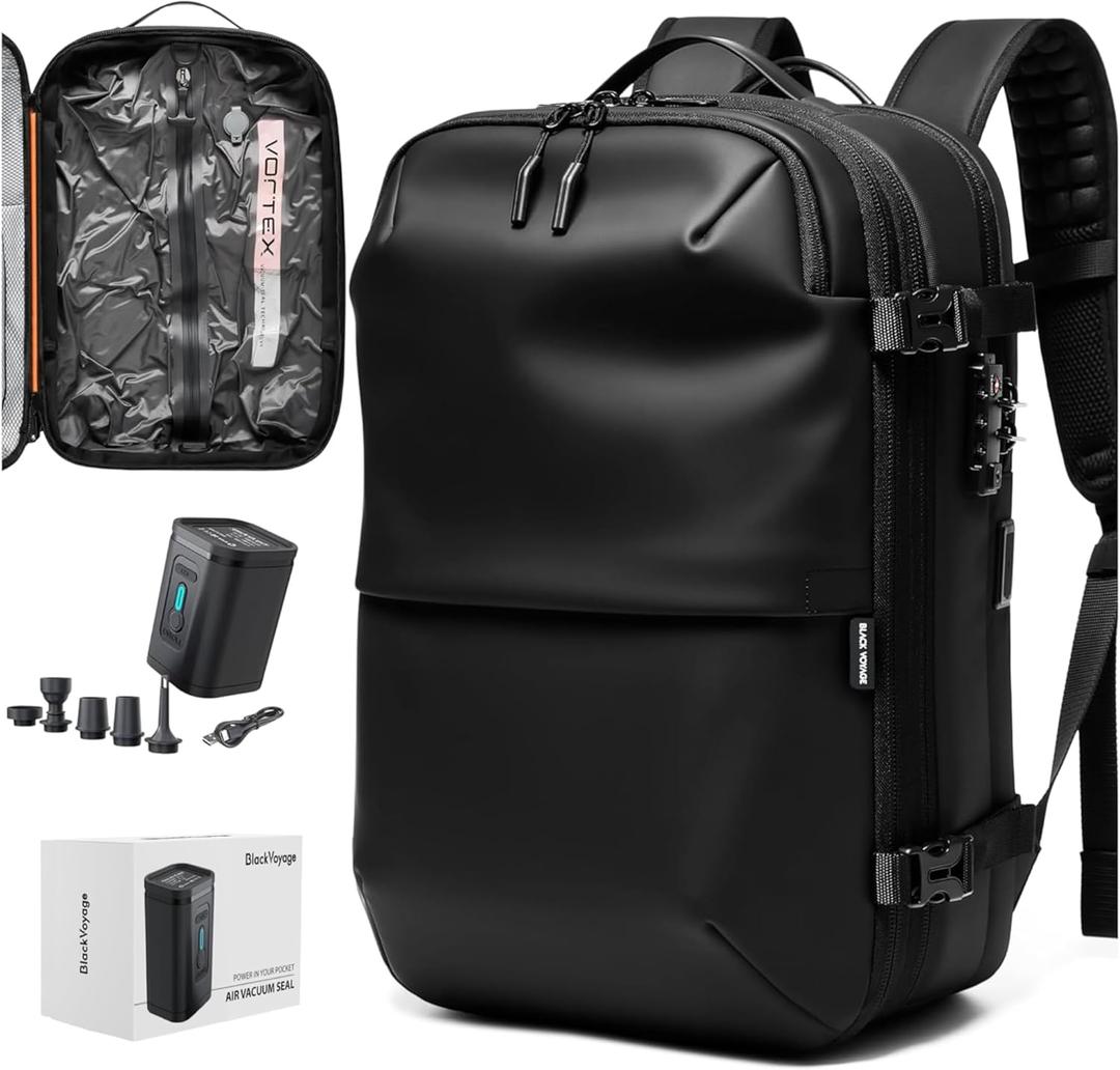 Vortex Vacuum Seal Travel Backpack 60L Expandable Air Compression System Water Resistant TSA Lock Carry-On Suitcase Luggage Black AERO - Vacuum Pump Included