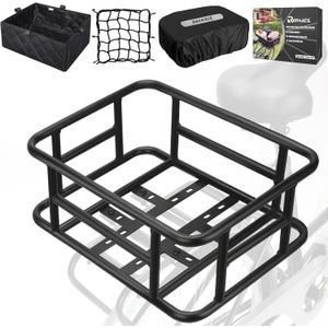 RAYMACE Rear Rack Bike Basket with Cargo Net and Liner Large Bicycle Basket Perfect Mount for Electric Bike (Black)