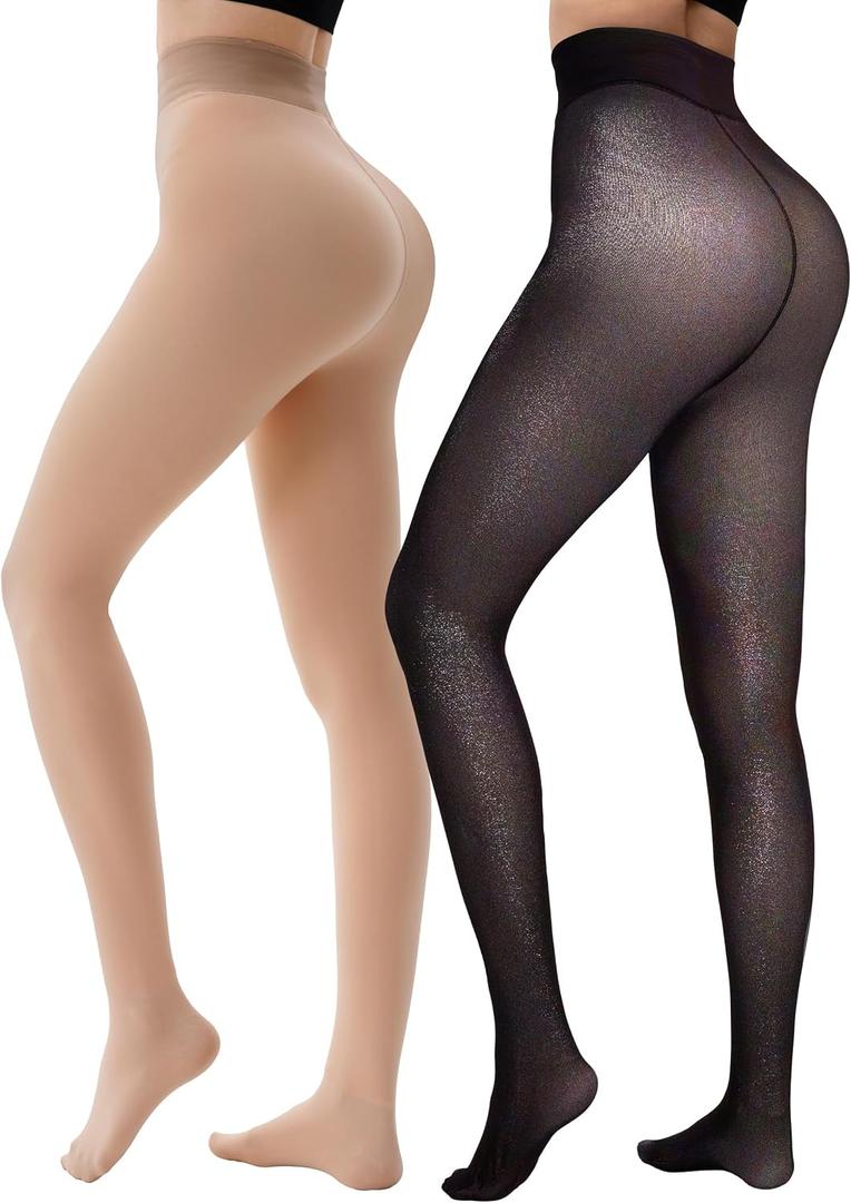 HONGTEYA 2 Pairs Fleece Lined Tights Women - Warm Sheer Pantyhose Fake Translucent Tights Winter Thermal Leggings