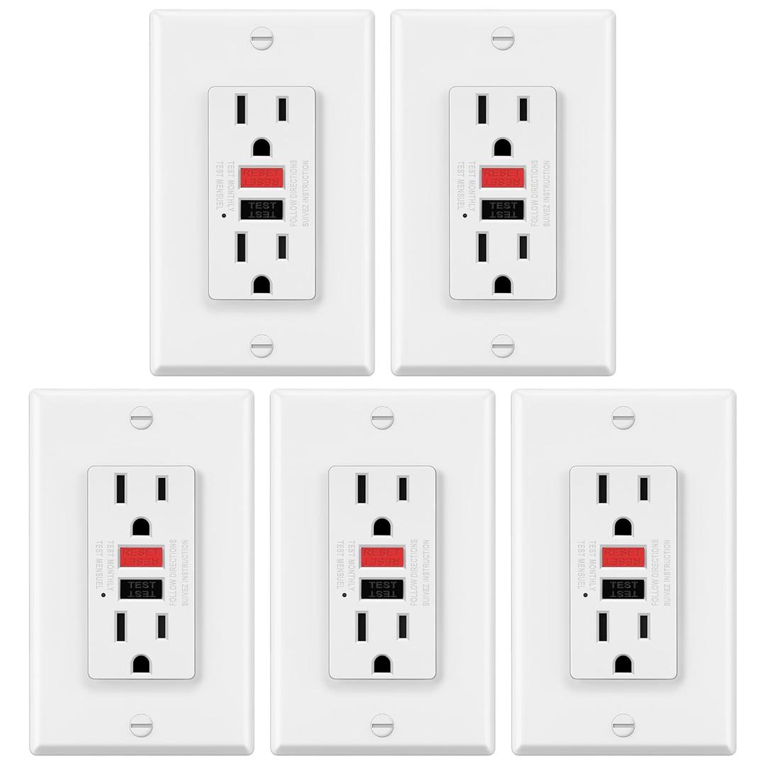 5 Pack GFCI Outlets 15 Amp, Non-Tamper Resistant, Decor GFI Receptacles with LED Indicator, Ground Fault Circuit Interrupter, Wallplate Included, ETL Listed, Red/Black Button