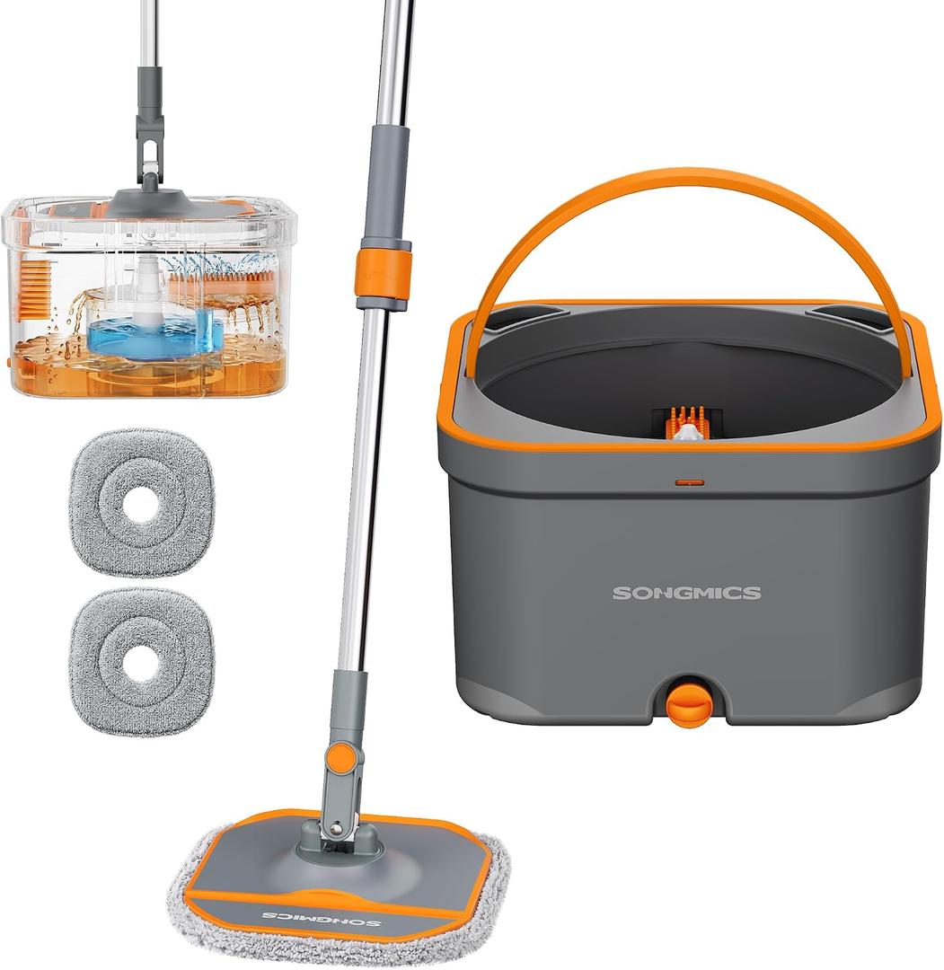 SONGMICS Spin Mop and Bucket Set, Separate Dirty and Clean Water, 2L | Floor Cleaning Mop with 2 Washable Mop Heads, 11.2 x 11.2 x 7.5 Inches, Orange and Gray, CLEMAX Collection ULMB005OT02