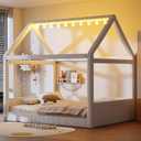Bellemave Kids Full Size Bed Frame with LED Light Strips, Upholstered House Bed for Kids, Wood Full Size Floor Bed with Slats, No Box Spring Needed, Beige