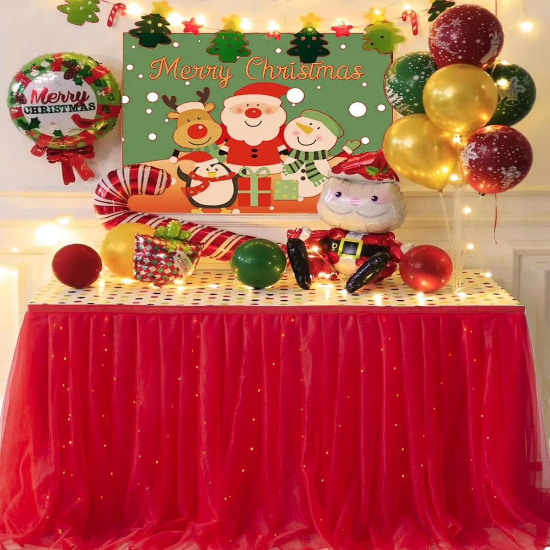 Albassa Red Tulle Table Skirt for Rectangle or Round Tables 6ft Tutu Table Skirt with LED Light Baby Shower Tablecloth for Birthday Party Cake Dessert Table Decorations (Red, L6(ft)*H 30in)
