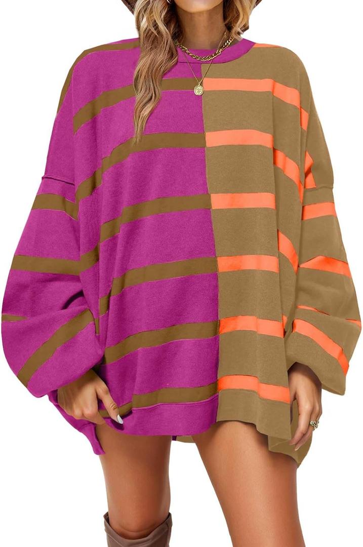 Fisoew Womens Striped Pullover Sweater Crew Neck Long Sleeve Knitted Color Block Casual Loose Lightweight Sweaters for Women (M)