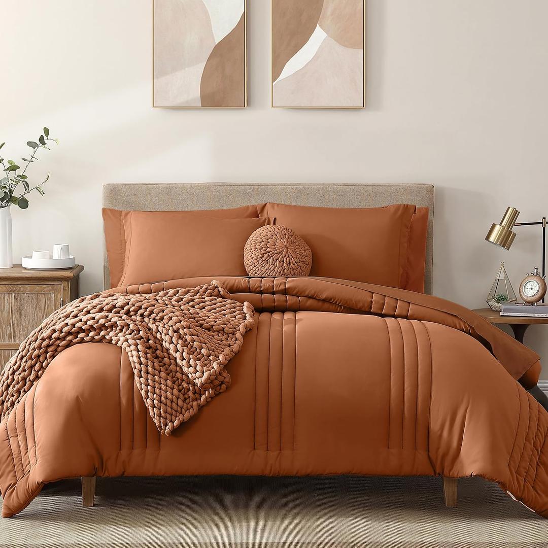 Monbix Super King Plus Size Comforter Set - 7 Pieces Burnt Orange Bed in a Bag Super King Plus Bedding Sets with Comforters, All Seasons Comforter Bed Set with Sheets,Pillowcases & Shams