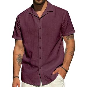 Mens Cotton Linen Shirt Casual Lightweight Button Down Shirt Short Sleeve Summer Beach Vacation Tops, XX-Large