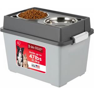 IRIS USA Dog Bowls Elevated with Storage, 15" H Raised Feeding Station, Dog Bowl Stand with Airtight Food Storage Holds 47 lbs, 2 Removable 64 oz Stainless Steel Bowls for Large Dogs, Gray/Dark Gray