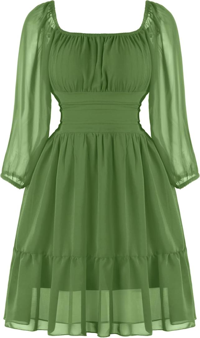 PUKAVT Women's Summer Dresses 2026 Square Neck Tie Back 3/4 Lantern Sleeve Vintage Chiffon Short Dress (XS)