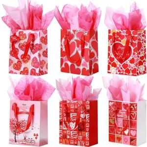 TaoBary 12 Pieces Valentine Gift Bags with Tissue Paper and Heart Shaped Tags Valentine Day Handles Bags Small Valentines Paper Love Goodie Bag for Valentine's Day Party Favors Gift Wrapping