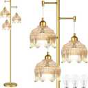 ILLMTW Gold Floor Lamp for Living Room,Bedroom,Mid Century Modern Standing Lamp Brass Tree 3 Light Tall Floor Lamps Vintage Retro Floor Lights Glass Amber Flower Lamp Shade Farmhouse Boho Bohemian