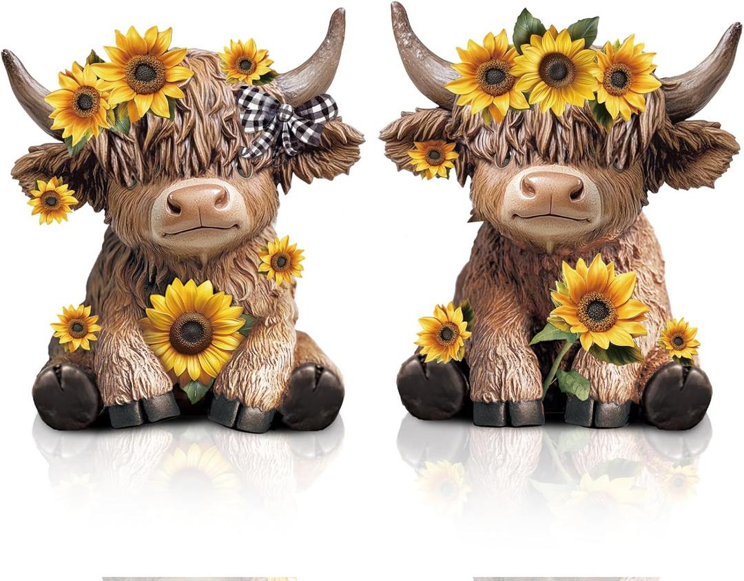 Wesiti 2 Pcs Mother's Day Sunflower Highland Cow Figurines Gifts for Mom, Cute Spring Highland Cow Statue Farmhouse Desk Decorations Resin Gnomes Scottish for Home Garden Kitchen Office Decor