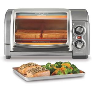 Hamilton Beach Easy Reach 4-Slice Countertop Toaster Oven With Roll-Top Door, 1200 Watts, Fits 9” Pizza, 3 Cooking Functions for Bake, Broil and Toast, Silver (31344DA)