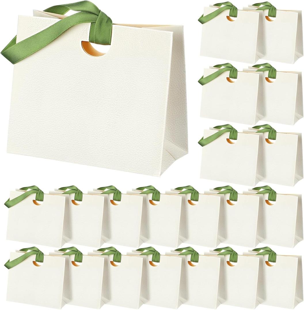 Gilprop 25 Pcs White Paper Gift Bags with Ribbon Handle Bulk Mini Goodie Bags Thick Texture Wedding Welcome Bag for Housewarming Holiday Birthday Party Favors Bridal Shower, 6.1"x2.95"x5.71"