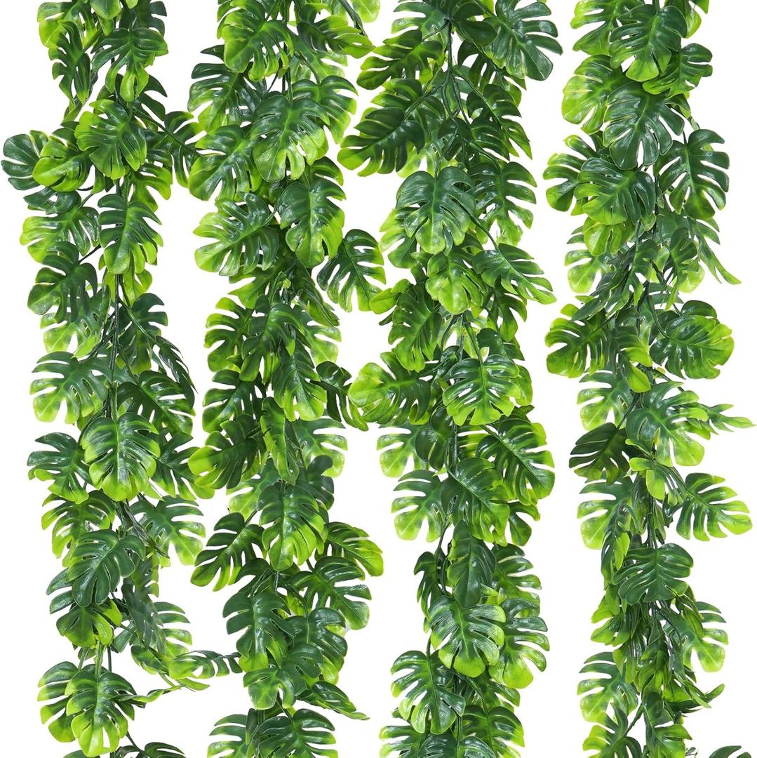 Dolicer 4Pcs Artificial Monstera Leaf Vines, 5.6Ft Fake Hanging Greenery Plants Tropical Palm Leaves Ivy Vine Monstera Garland for Home Garden Porch Patio Hawaiian Party Indoor Outdoor Decor