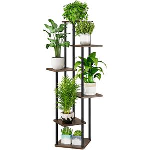AZERPIAN Plant Stand 6 Tier Indoor Metal Flower Shelf for Multiple Plants Corner Tall Flower Holders for Patio Garden Living Room Balcony Bedroom, Black Oak