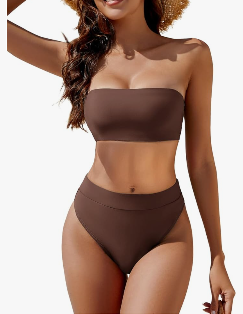 YACUN Women's High Waisted Bikini Swimsuit Two Piece Strapless Bandeau Cheeky Bathing Suits, L, Coffee