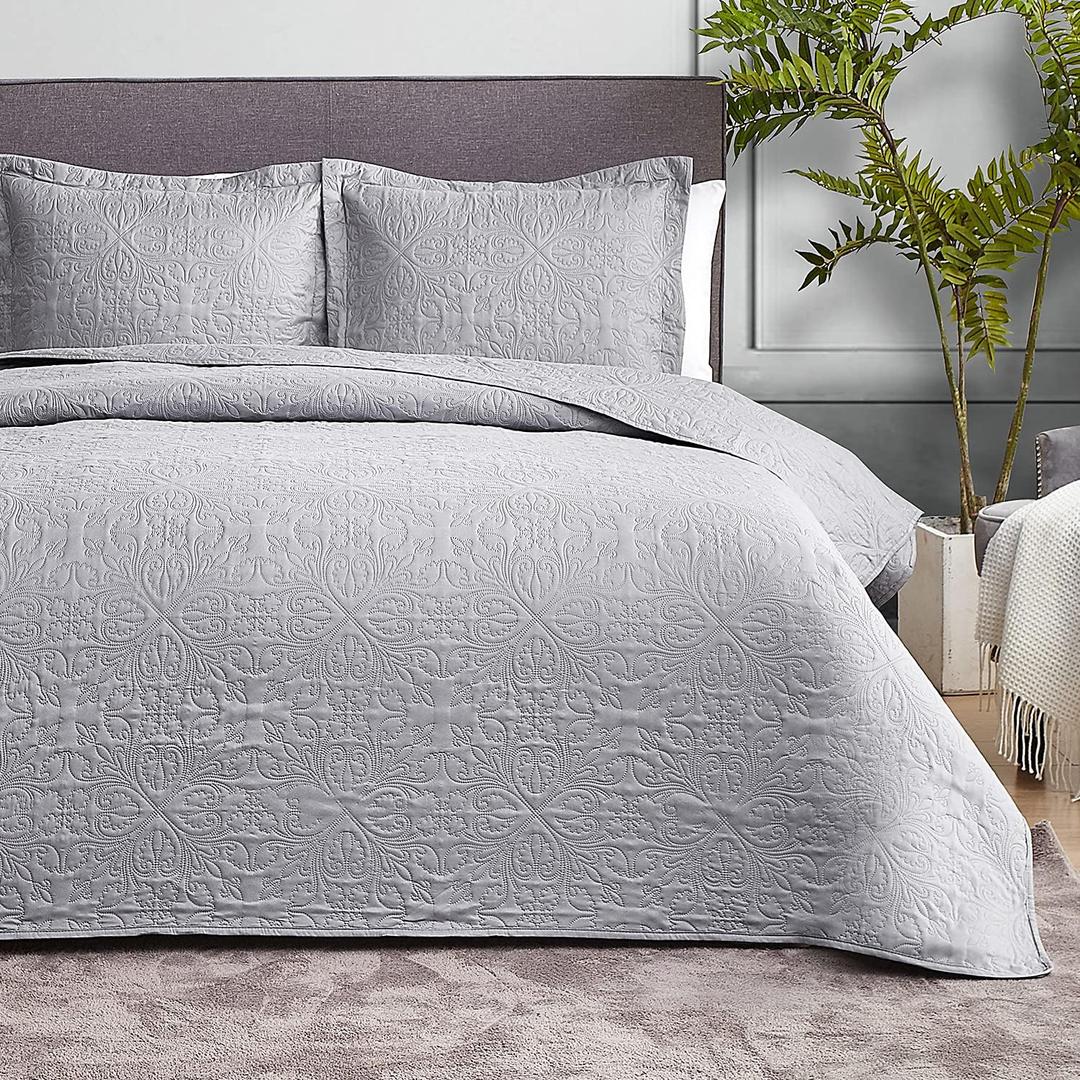 Hansleep Grey Quilt Queen Size - Baroque Ultrasonic All Season Bedspread Queen, Soft Lightweight Coverlet Bedding Set, 3 Piece (1 Quilt, 2 Pillow Shams) (Full/Queen-90"x96")