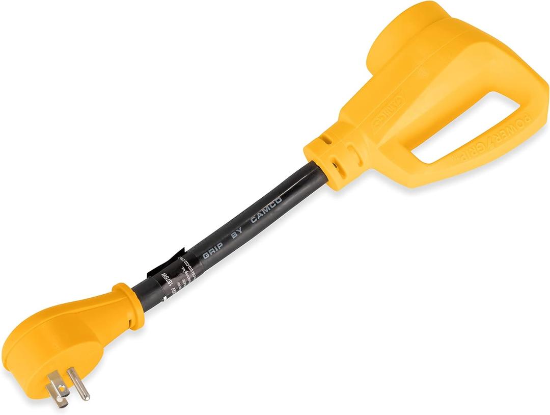 Camco RV Dogbone Electrical Adapter with Innovative 180 Degree Bend Design and PowerGrip Handle - 15 Amp Male to 50 Amp Female, 12" (55168)