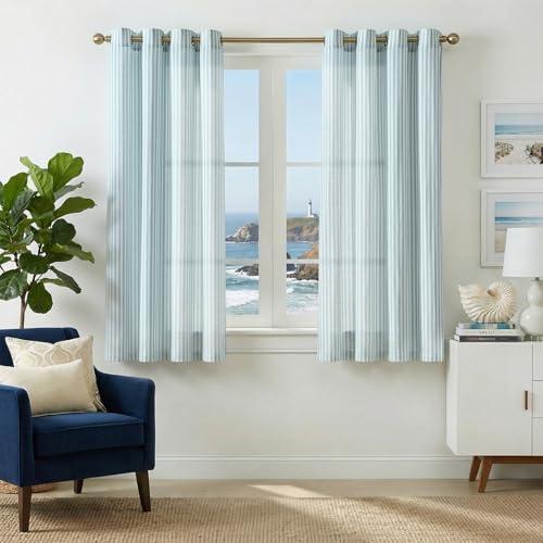 jinchan Linen Curtains for Living Room Aqua Blue Vertical Striped on White Curtains Ticking Stripe Pattern Light Filtering Modern Beachy Coastal Drapes for Bedroom Grommet 2 Panels 63 inches
