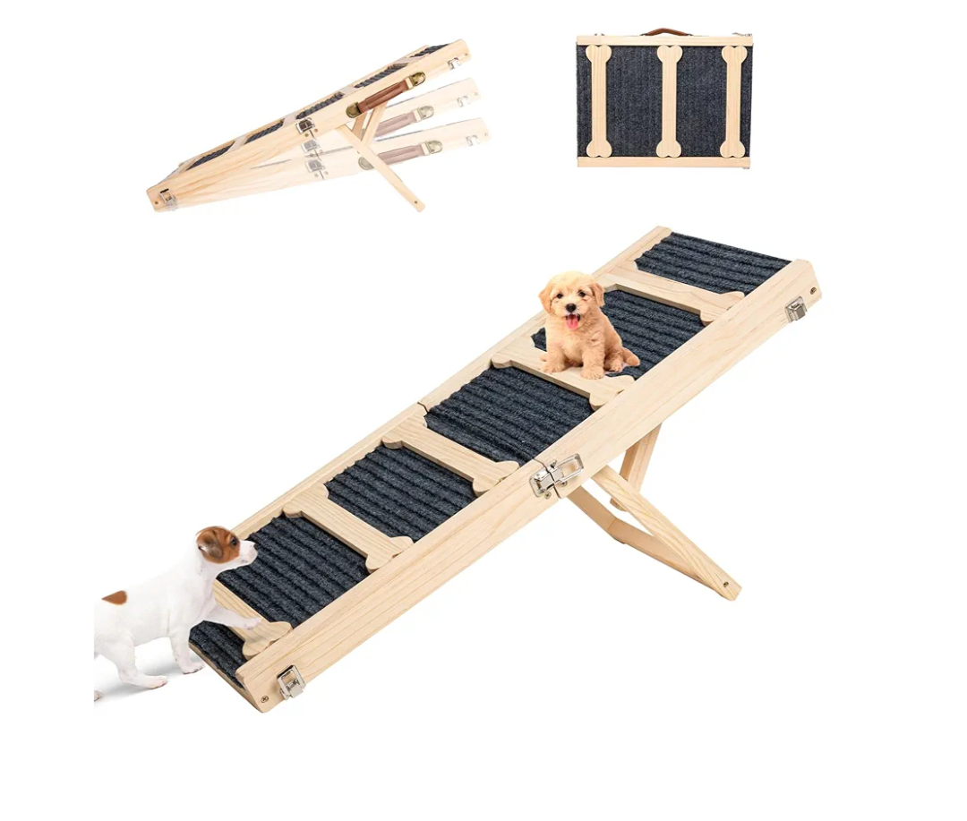 GENMOUS 30.5" Wooden Adjustable Dog Ramps for Bed,5 Levels Height Pet Steps for Small Dogs and Cats,Non-Slip Balanced Dog Indoor Outdoor Ramp,Wood Color