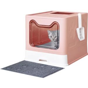 Cat Litter Box with Litter Mat and Scoop, Large Foldable Litter Box with Lid, Front Entry Top Exit Kitty Box, Odor Control, Easy to Clean (Pink)