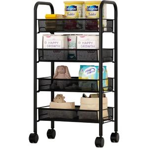 5 Tier Rolling Cart with Wheels and Handle,Rolling Storage Cart for Office, Living Room, Laundry Room,Kitchen,Bathroom,Black