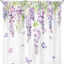 Riyidecor Purple Lavender Floral Shower Curtain Lilac Purple Flower Butterfly Botanical Plant Watercolor Rustic Green Leaves Summer Girls 60Wx72H Inch Bathroom Decor Fabric Waterproof 12 Pack Hooks