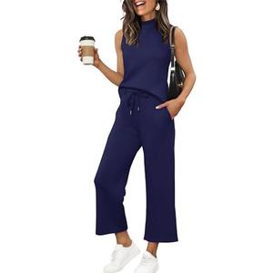 XIEERDUO Two Piece Sets for Women Summer Lounge Sets Beach Vacation Travel Outfits Casual Wide Leg Pants Matching Sets L