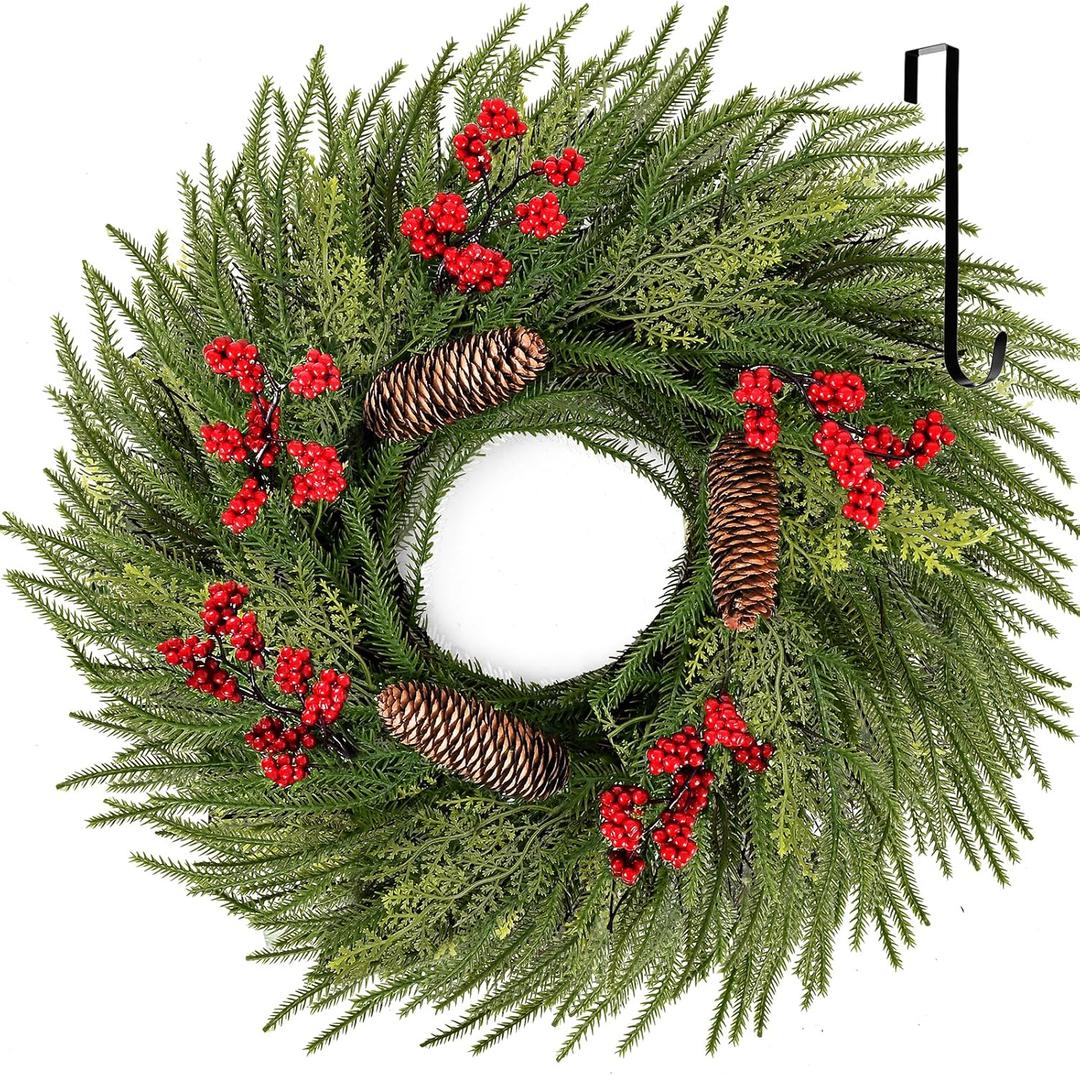 24 Inch Artificial Christmas Wreaths for Front Door, Large Winter Green Pine Wreath with Red Berries and Hangers, Real Touch Door Wreath for Wall Window Fireplace Indoor Outdoor Home Decor