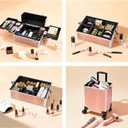 Professional Rolling Makeup Case, Cosmetology Case on Wheels 4 in 1 Large Cosmetic Train Case, Ideal Gift for Hairstylist, Nail Techs, Portable Beauty Organizer for Travel or Salon Use