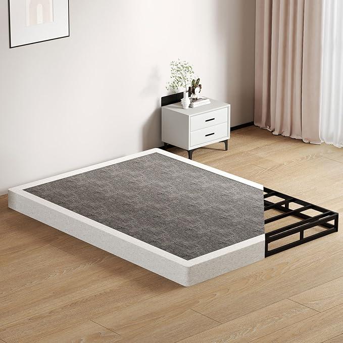 Queen Size Box Springs - 3 Inch Low Profile Mattress Foundation No Noise Heavy Duty Metal Basics Bed Base with Clean Fabric Cover, Easy Assembly