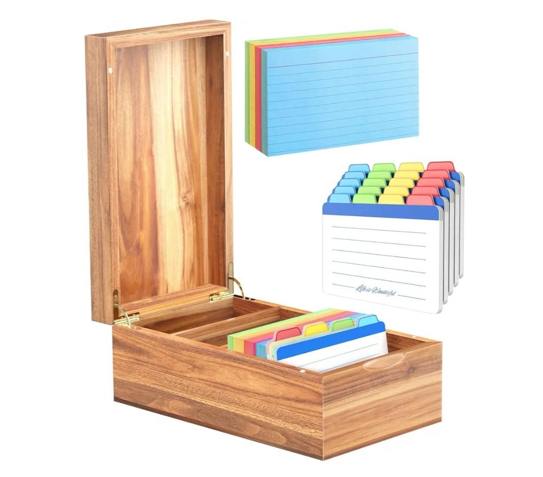 Neando 3x5 Index Card Organizer Box with Lid – Acacia Wood Note Card Holder with 200 Cards & 20 Dividers, Holds 600 Cards, 4 Compartments, Magnetic Closure – Desktop Storage for Study, Office, Recipes