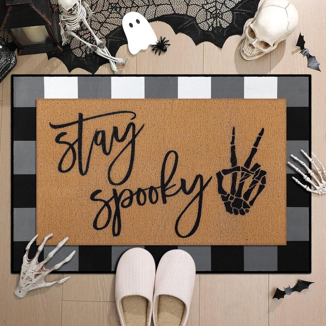 2 Pcs Stay Spooky Halloween Coir Doormats Welcome Outdoor Door Mats Layered Buffalo Plaid Front Door Rugs Non Slip Floor Mats for Halloween Porch Entryway Indoor Outdoor Decor