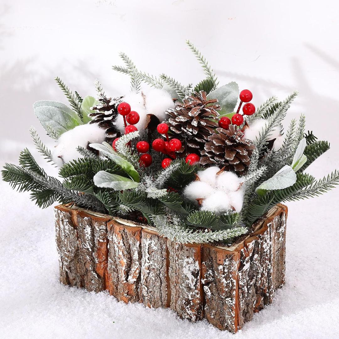 Zhehao Christmas Table Centerpieces Artificial Small Tabletop Christmas Tree Wooden Crate Potted Plant Pinecones Leaf Berry Xmas Winter Tiered Tray Shelf Table Home Decor(Cotton)